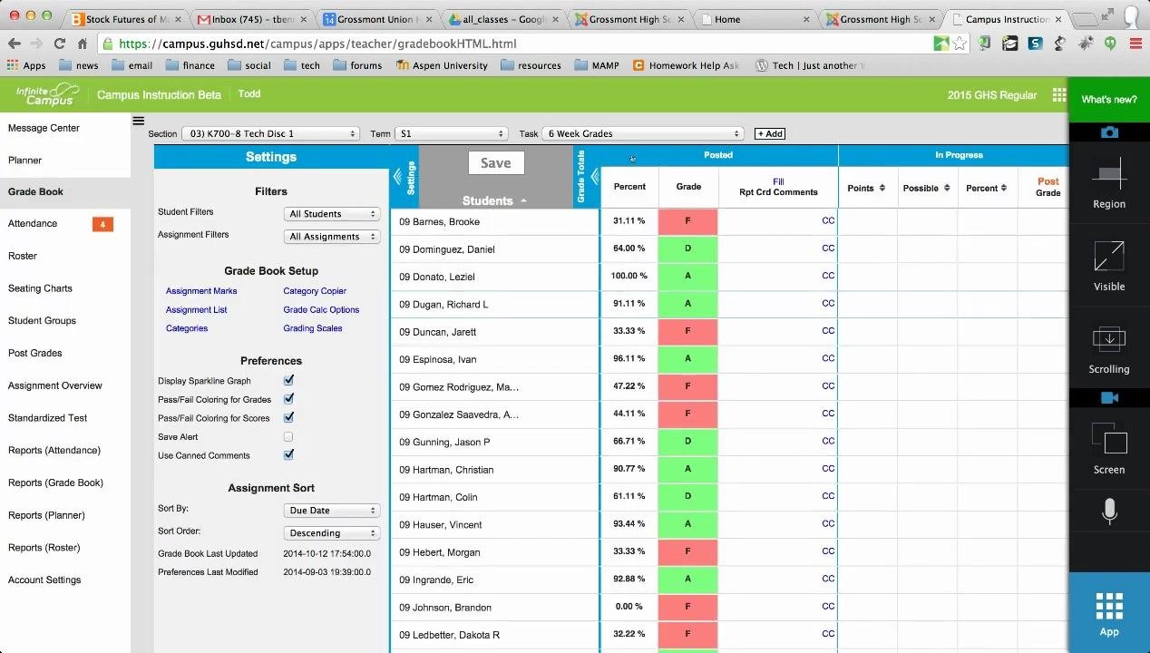 Gradebook screen displaying a "Saved!" confirmation after grade changes