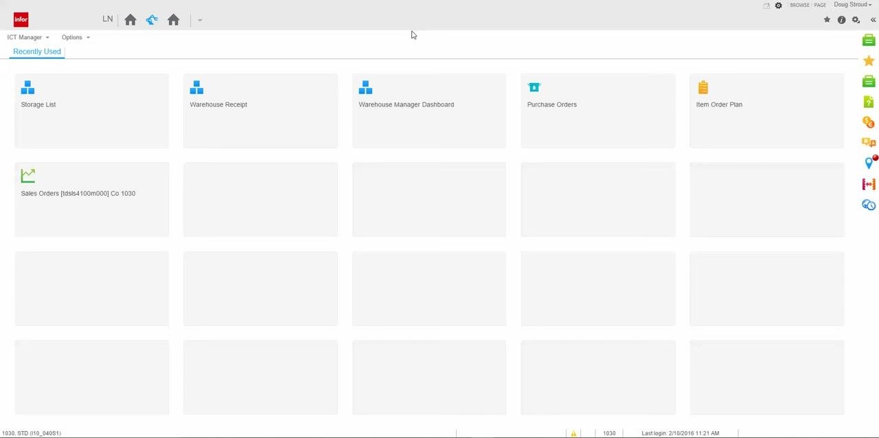 LN dashboard with tiles for Storage List, Warehouse Receipt, Warehouse Manager Dashboard, Purchase Orders, Item Order Plan, and user information in the top right corner
