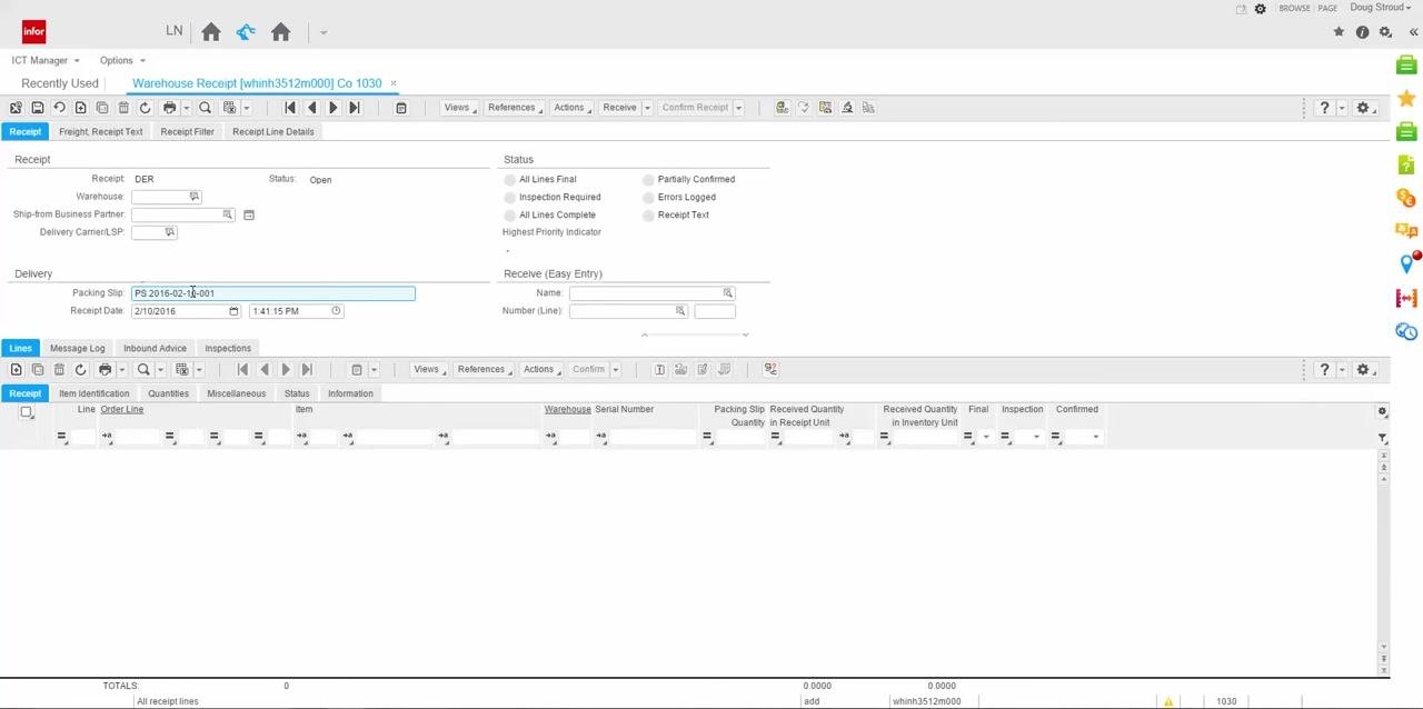Packing Slip field being filled with PS 2016-02-10-001 and Receipt Date set to 2/10/2016