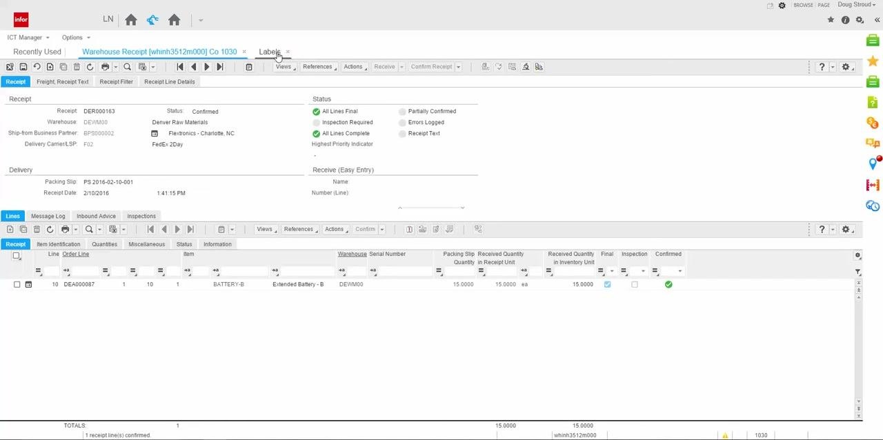 Storage List by Location report with item BATTERY-B, quantity 15, warehouse DEWM00, and locations REC to 1004