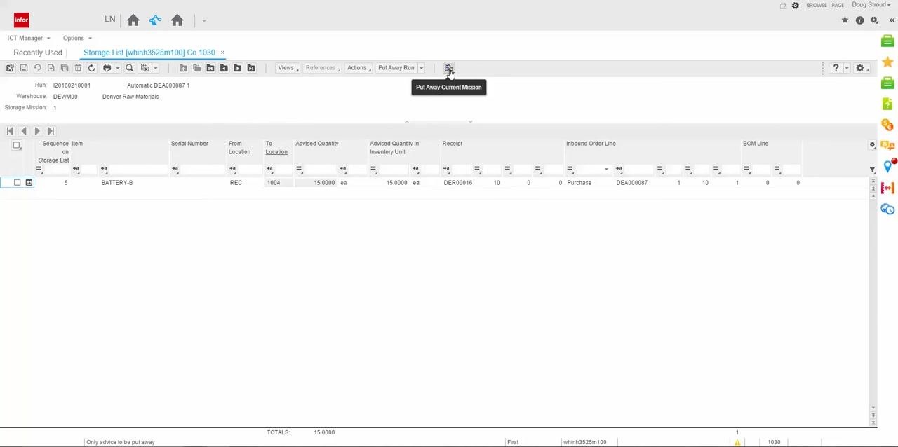 Storage List - Search dialog with fields for Activity, Run, Warehouse, Storage Mission, Sequence, Source Location, Advice, and Advice Line
