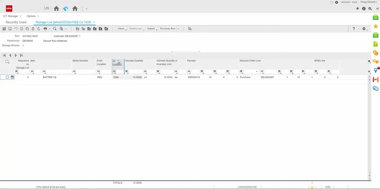 Storage List screen with the To Location field highlighted, showing value 1004