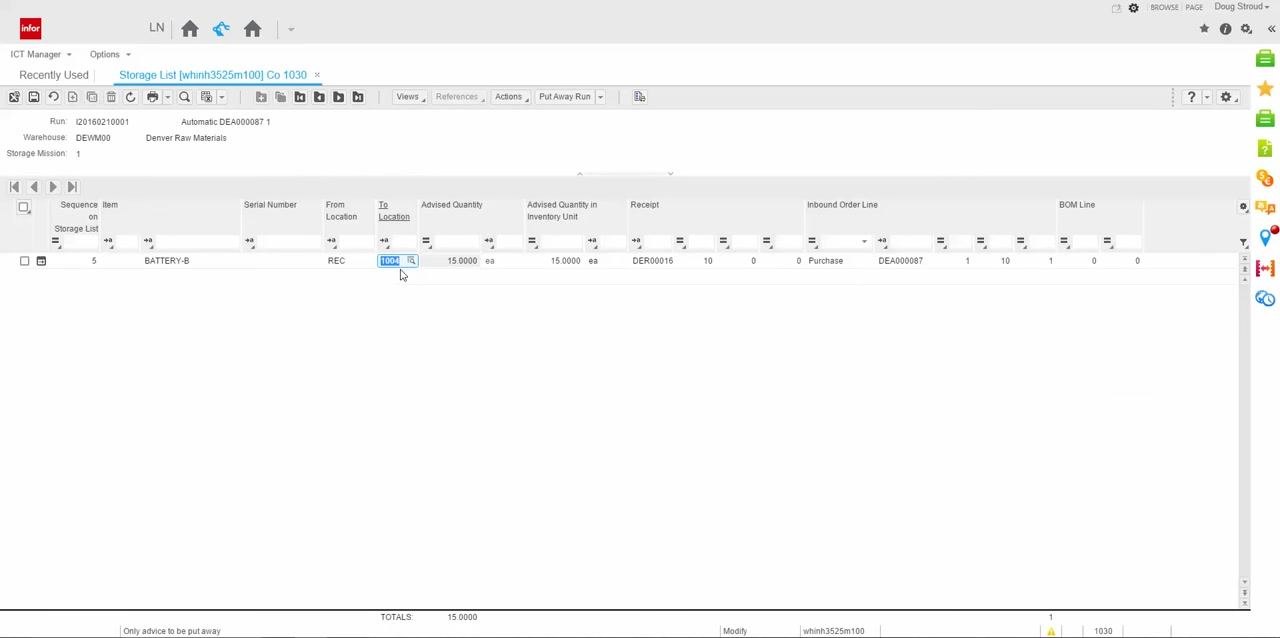 Storage List screen with the To Location field showing value 1004 and the cursor indicating an editable field