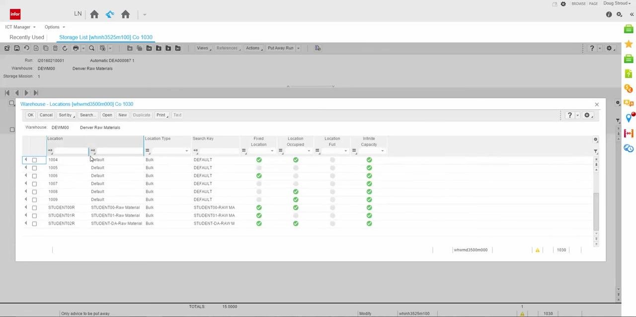 Warehouse - Locations screen showing location 1004 with Fixed Location, Location Occupied, and Infinite Capacity checked