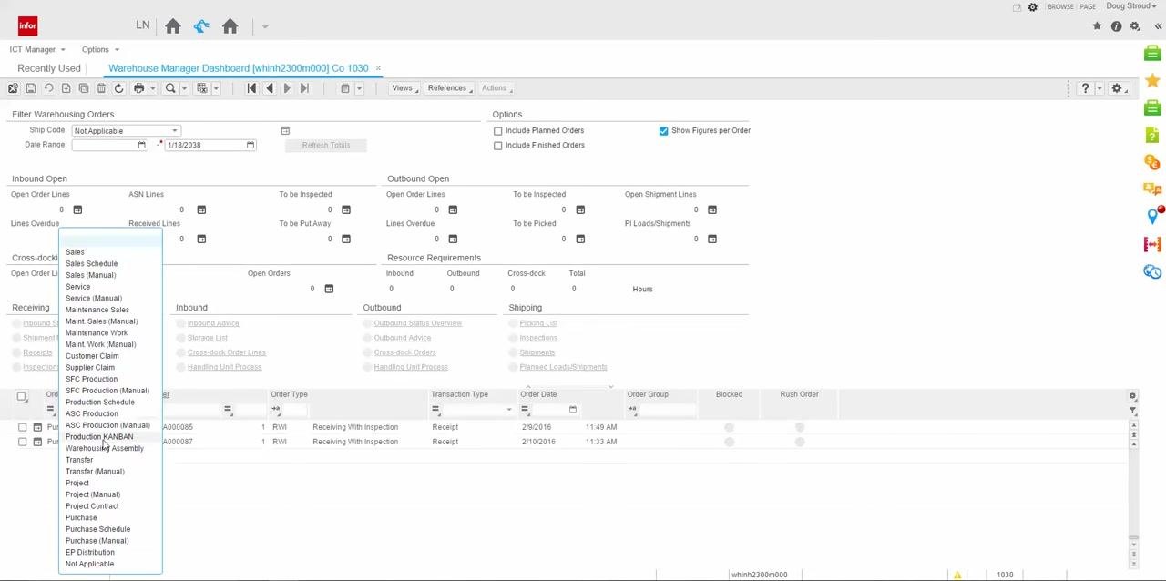 Cursor selecting the Warehouse Manager Dashboard tile on the LN dashboard