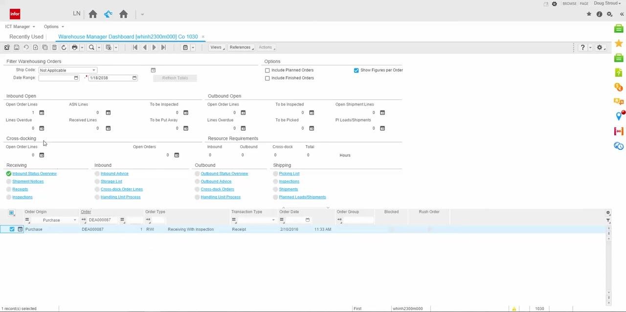Inbound Line Status Overview showing activities, order details, and inventory quantities for PO DEA000087