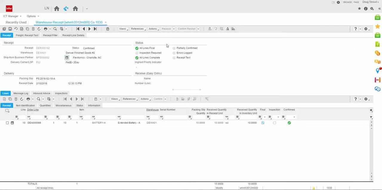 Inbound Line Status Overview showing activities, automation status, and inventory quantities for PO DEA000087