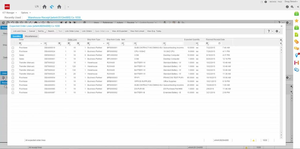 Expected Order Lines dialog showing all available order lines for receipt, including PO DEA000087, item BATTERY-B, expected quantity 15, and planned receipt date 3/21/2016