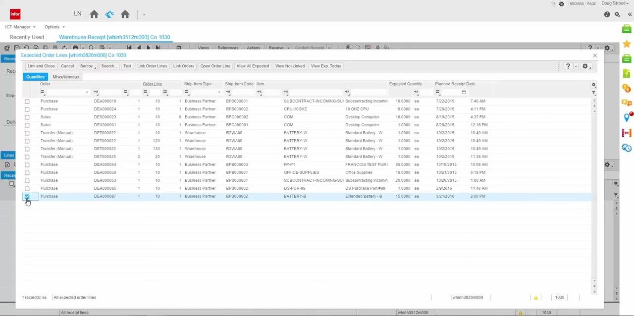 Checkbox selected for PO DEA000087, item BATTERY-B, in the Expected Order Lines dialog