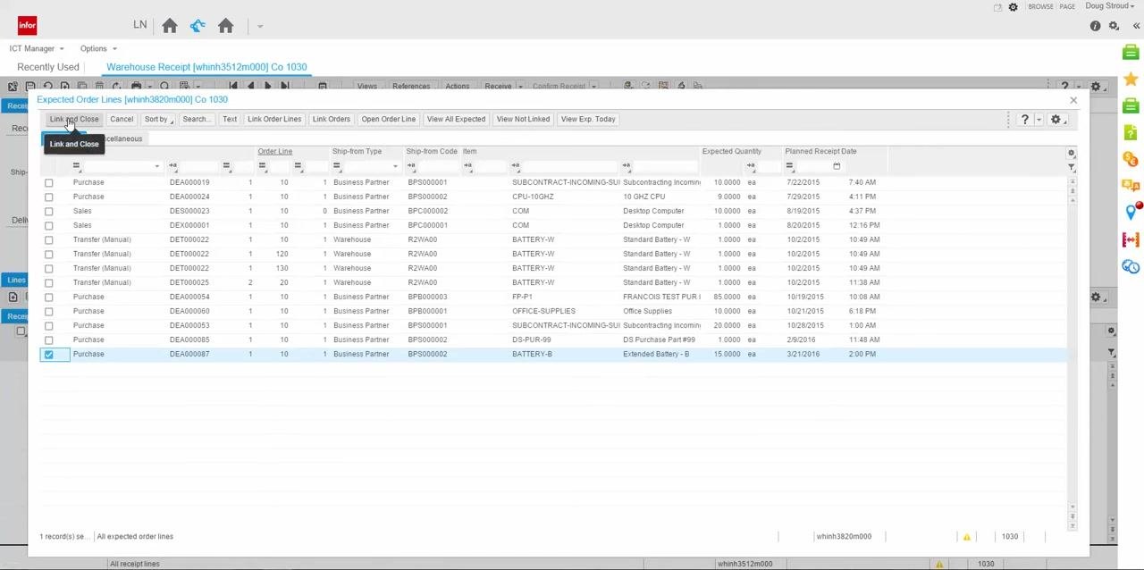Cursor clicking the Link and Close button in the Expected Order Lines dialog