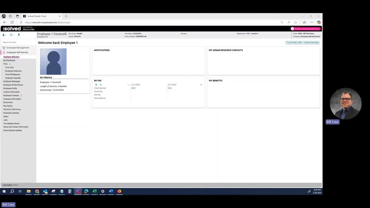 Dashboard with navigation menu, profile information, pay information, and welcome message