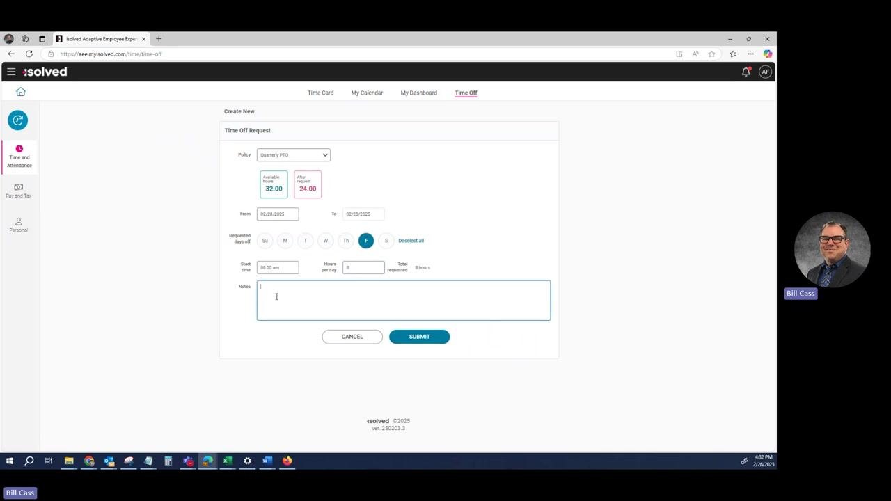 Time Off Request form with the cursor in the Notes field, ready for input