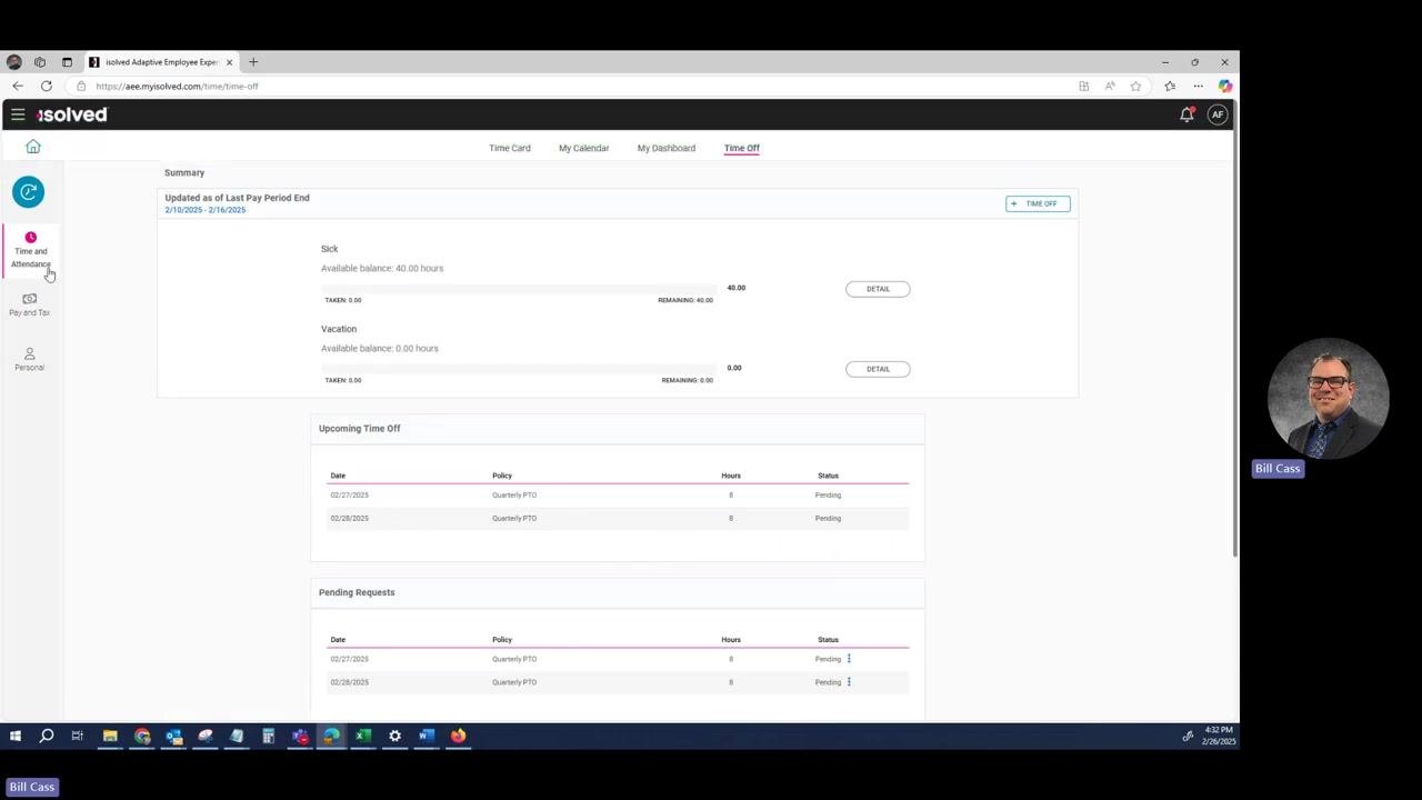 Time Off summary page showing Upcoming Time Off and Pending Requests with new entries