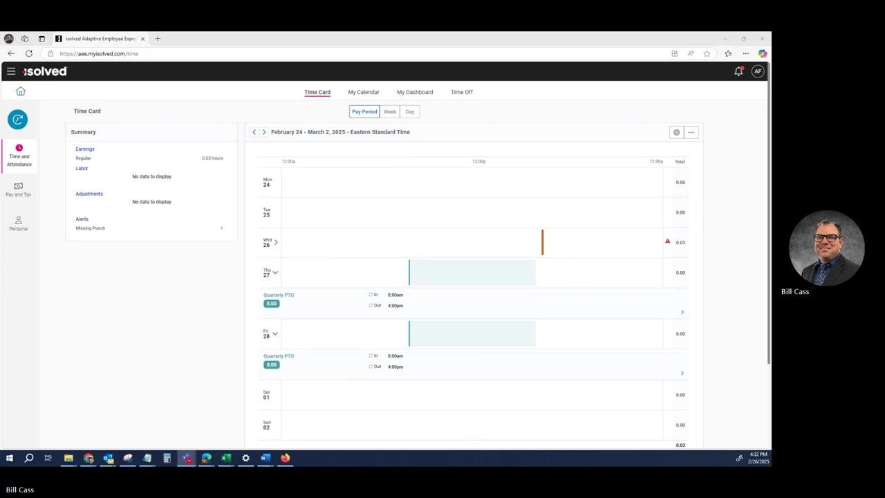 Time Card view showing Quarterly PTO entries of 8 hours on selected dates