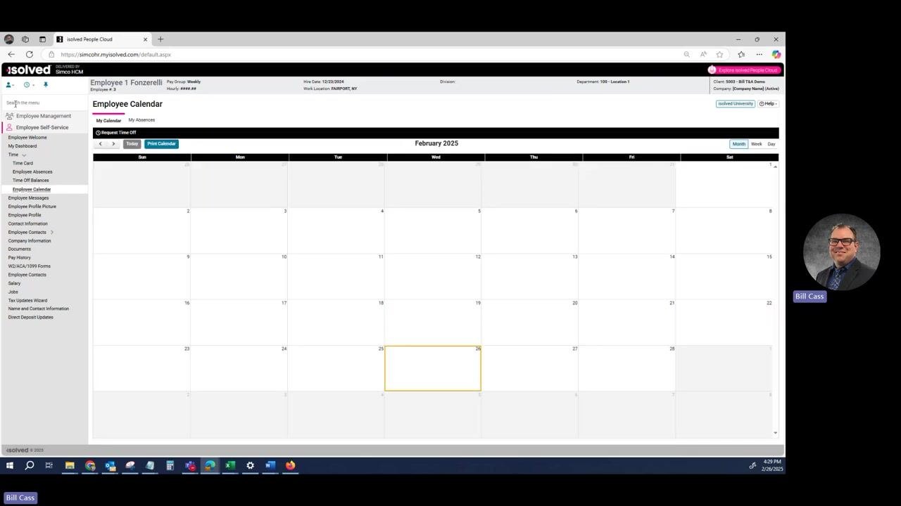 Employee Self-Service menu expanded, with the cursor near the employee profile picture