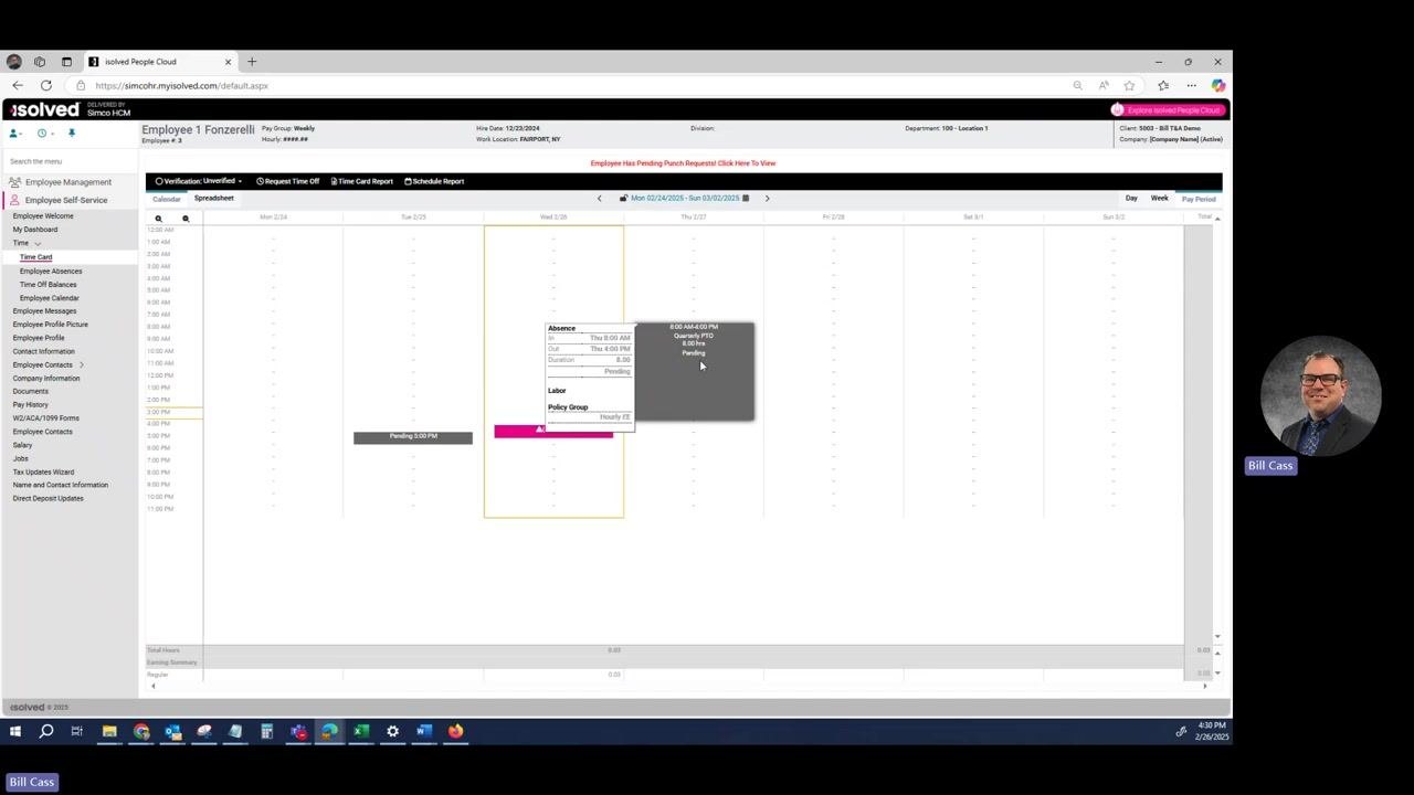 Time card view showing a pending time off request with a details popup for date, time, policy, and status