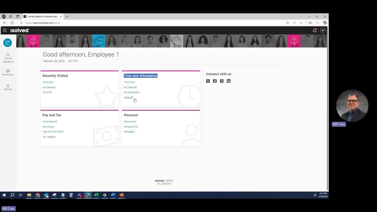 Cursor selecting "Time Off" under the Time and Attendance tile