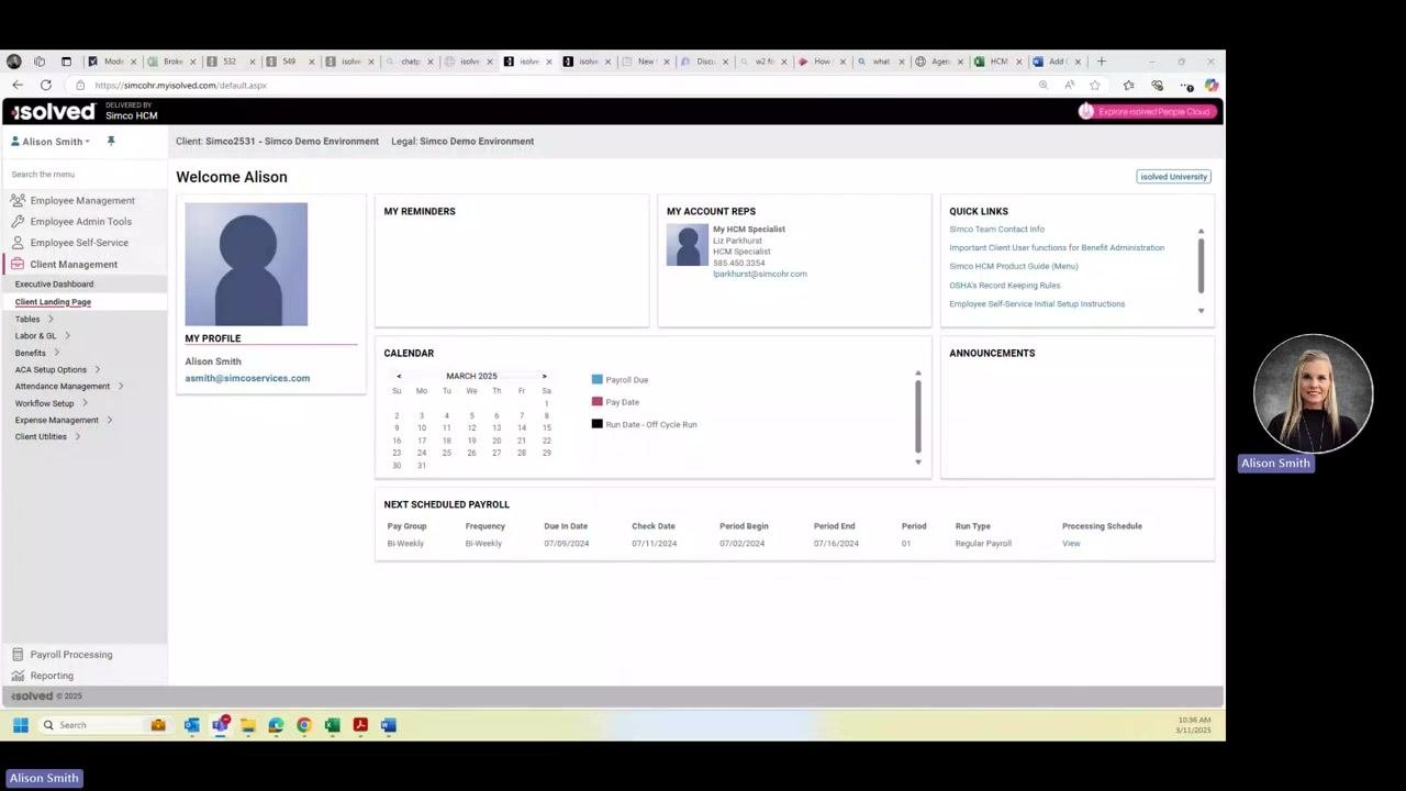 isolved dashboard with navigation menu and user profile visible