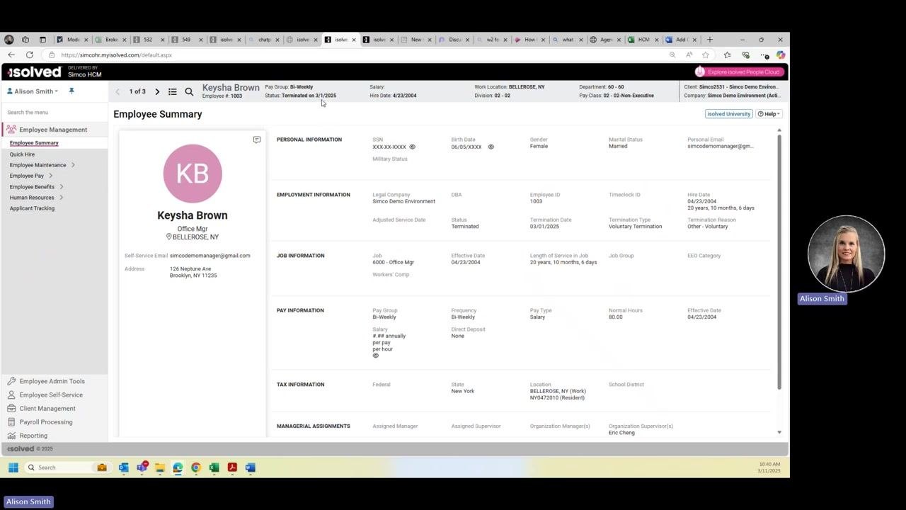 Employee List with status filter open, showing options for Active and Terminated