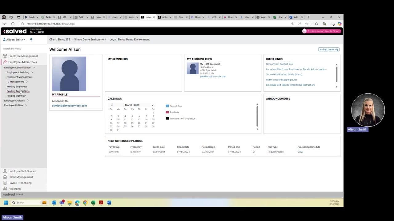 Cursor selecting Employee Admin Tools and Pending Terminations in the left navigation menu