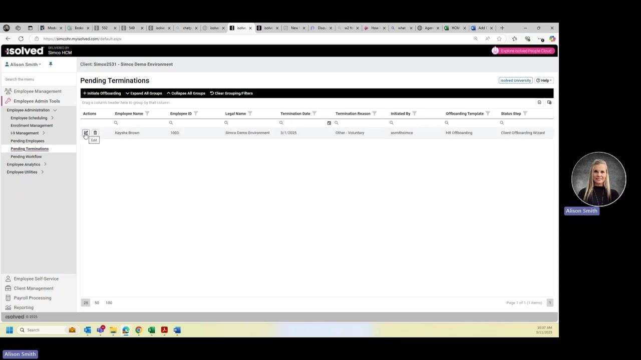 Pending Terminations list with Edit button next to employee Keysha Brown