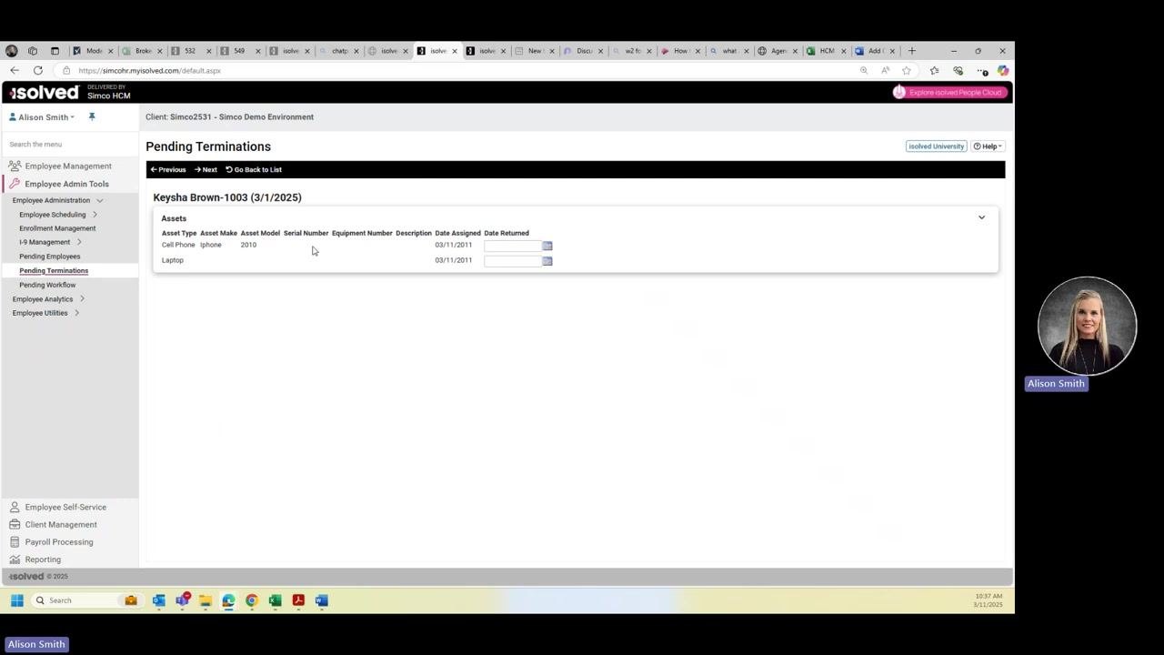 Asset return section showing Keysha Brown's assigned assets and fields for Date Returned