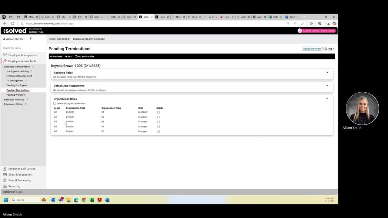 Organization Roles section with options to delete all or specific roles for the employee