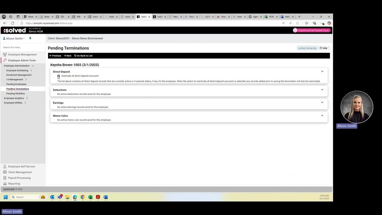 Direct Deposit section with option to inactivate all direct deposit accounts