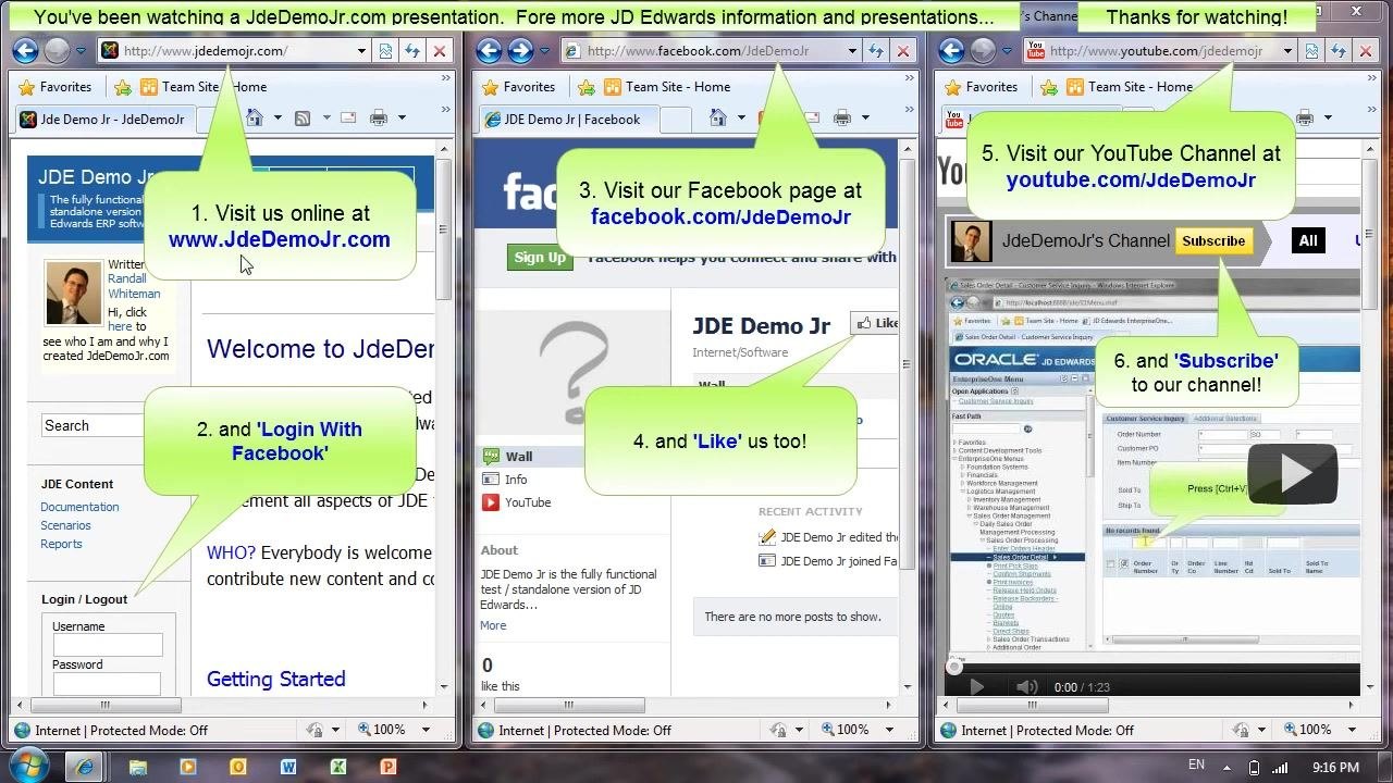 Three browser windows showing JadidemoJr.com, Facebook page, and YouTube channel with callouts for visiting, liking, and subscribing