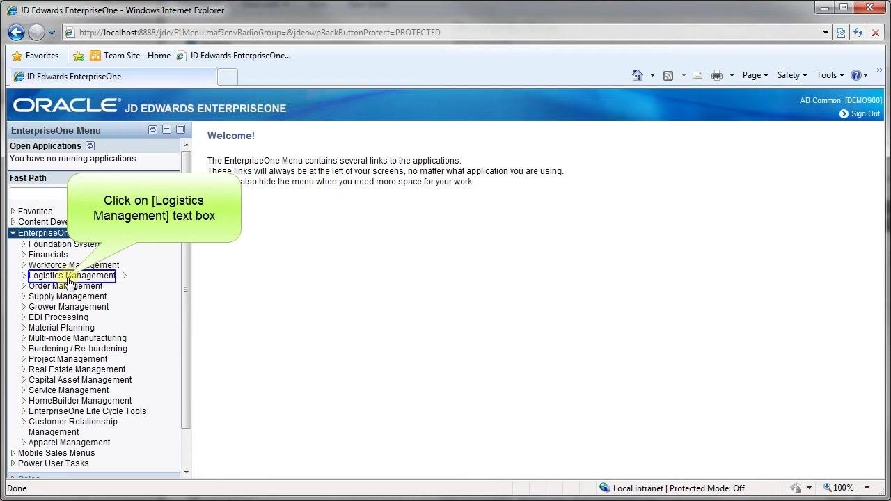 JD Edwards EnterpriseOne main menu with Logistics Management highlighted and a callout instructing to click it