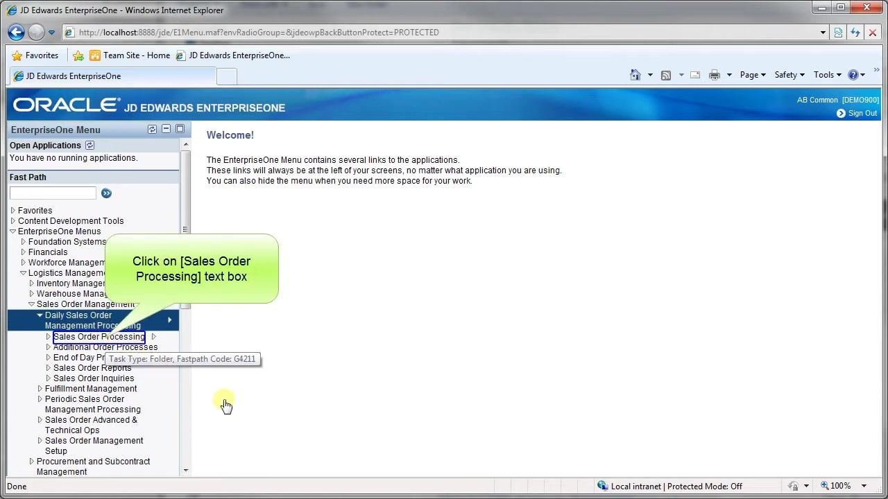 Sales Order Management expanded, Sales Order Processing highlighted with a callout