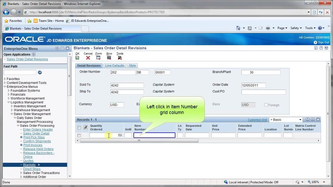 Sales Order Detail Revisions screen with Item Number grid column highlighted