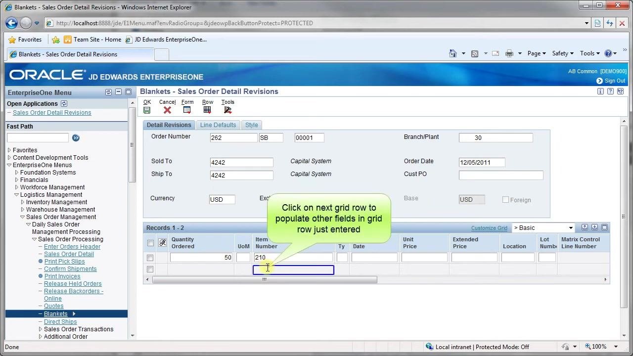 Sales Order Detail Revisions screen with grid row being populated
