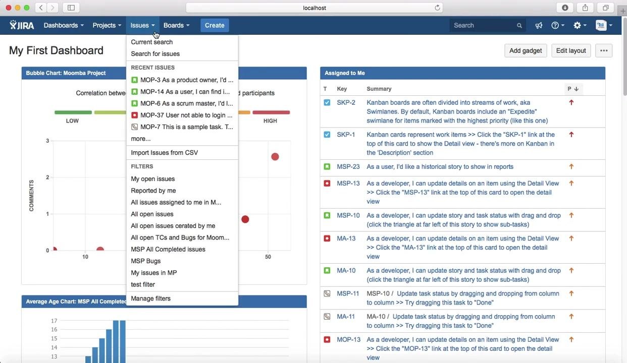 Jira dashboard with Issues menu open, showing filters and recent issues, and the "Assigned to Me" panel listing issues with their statuses and summaries