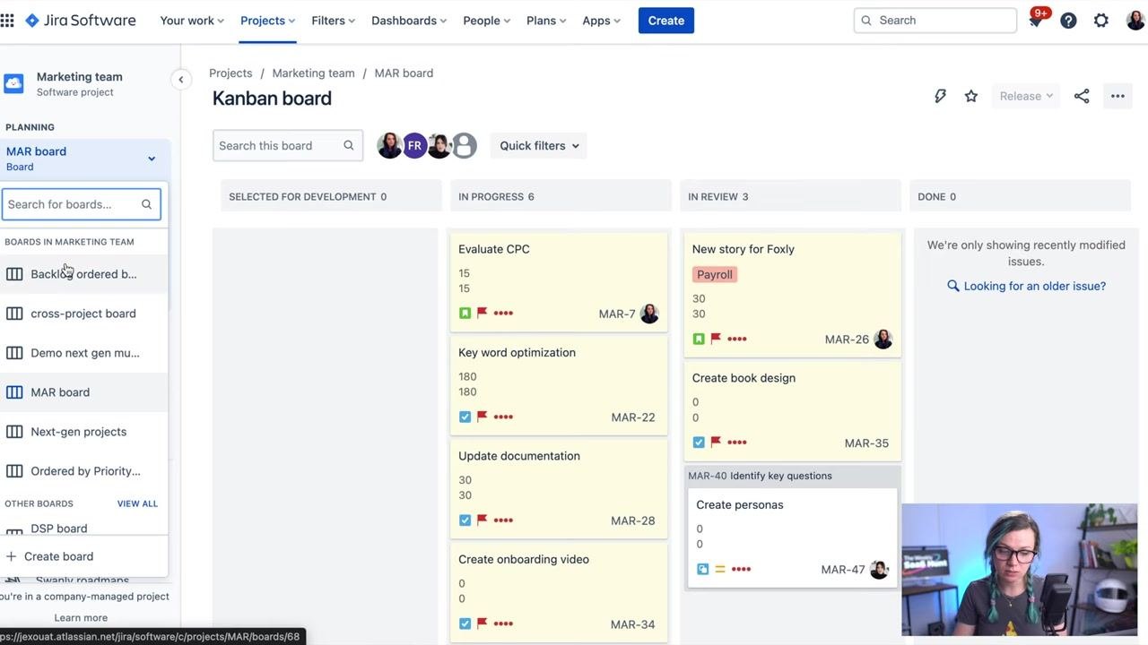 Jira project screen showing the Kanban board with the board dropdown menu open, listing available boards and the "+ Create board" option at the bottom