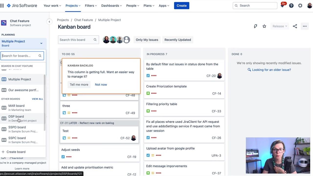 Jira board selector with "Multiple Project" board selected and other boards listed below
