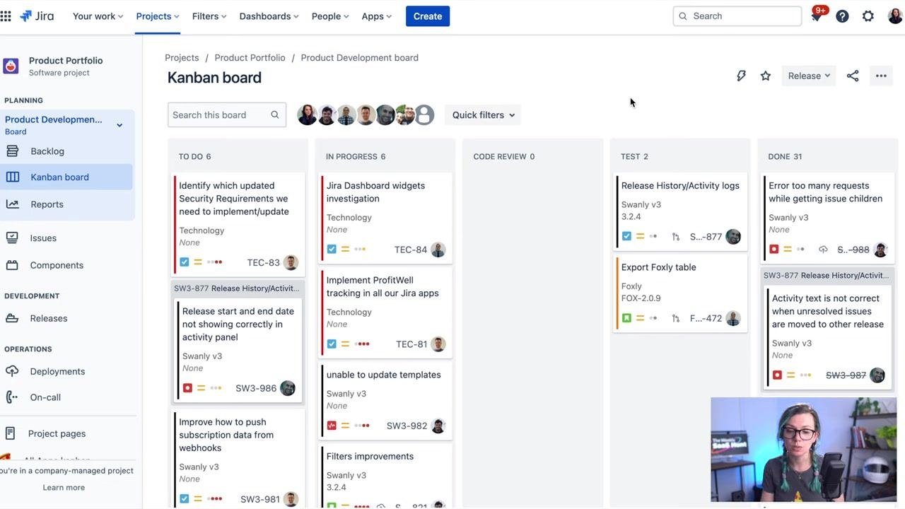Jira Kanban board showing columns for TO DO, IN PROGRESS, CODE REVIEW, TEST, and DONE, with task cards, team member avatars, and a navigation sidebar