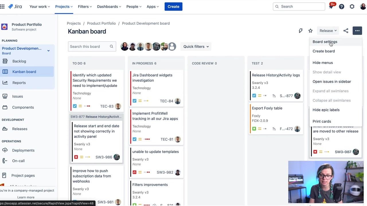 Jira Kanban board with the Quick filters dropdown open and the board settings menu visible