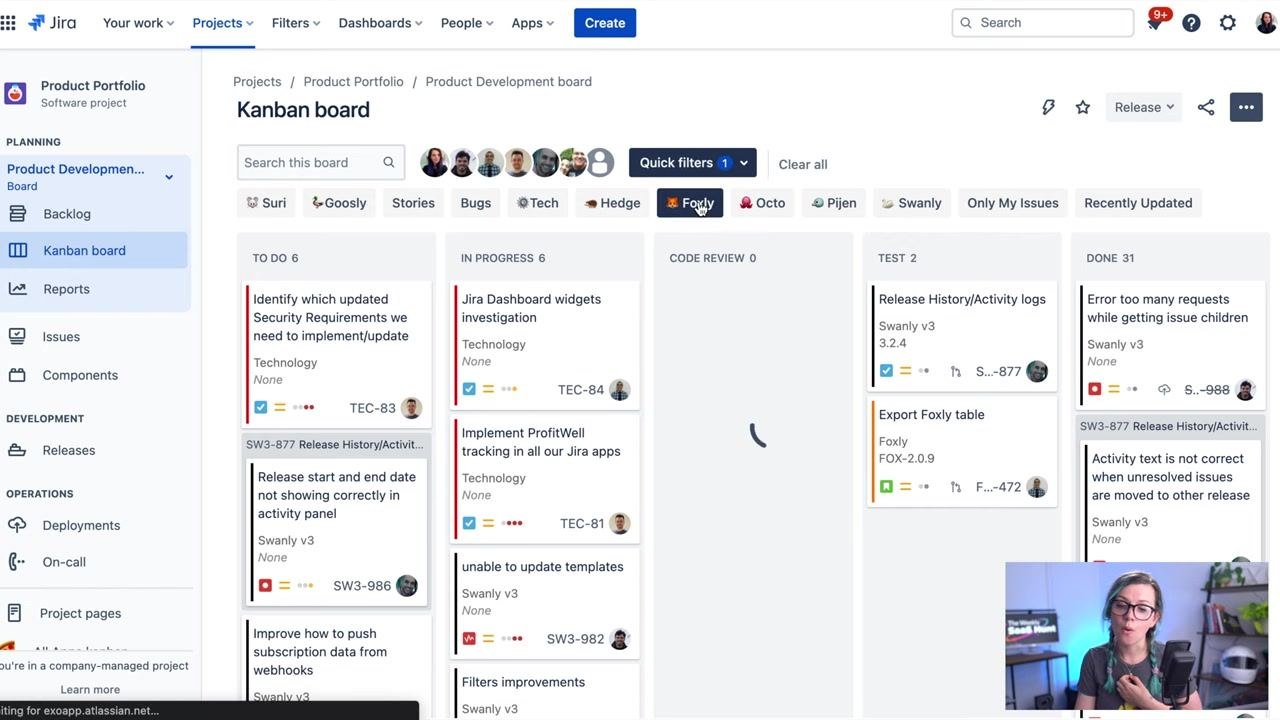 Jira Kanban board with multiple quick filter buttons above the columns, the "Foxly" filter selected, and the board showing filtered results