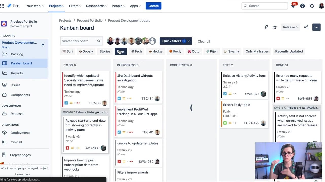 Jira Kanban board with "Stories" and "Bugs" quick filters visible, cursor hovering over the "Bugs" filter