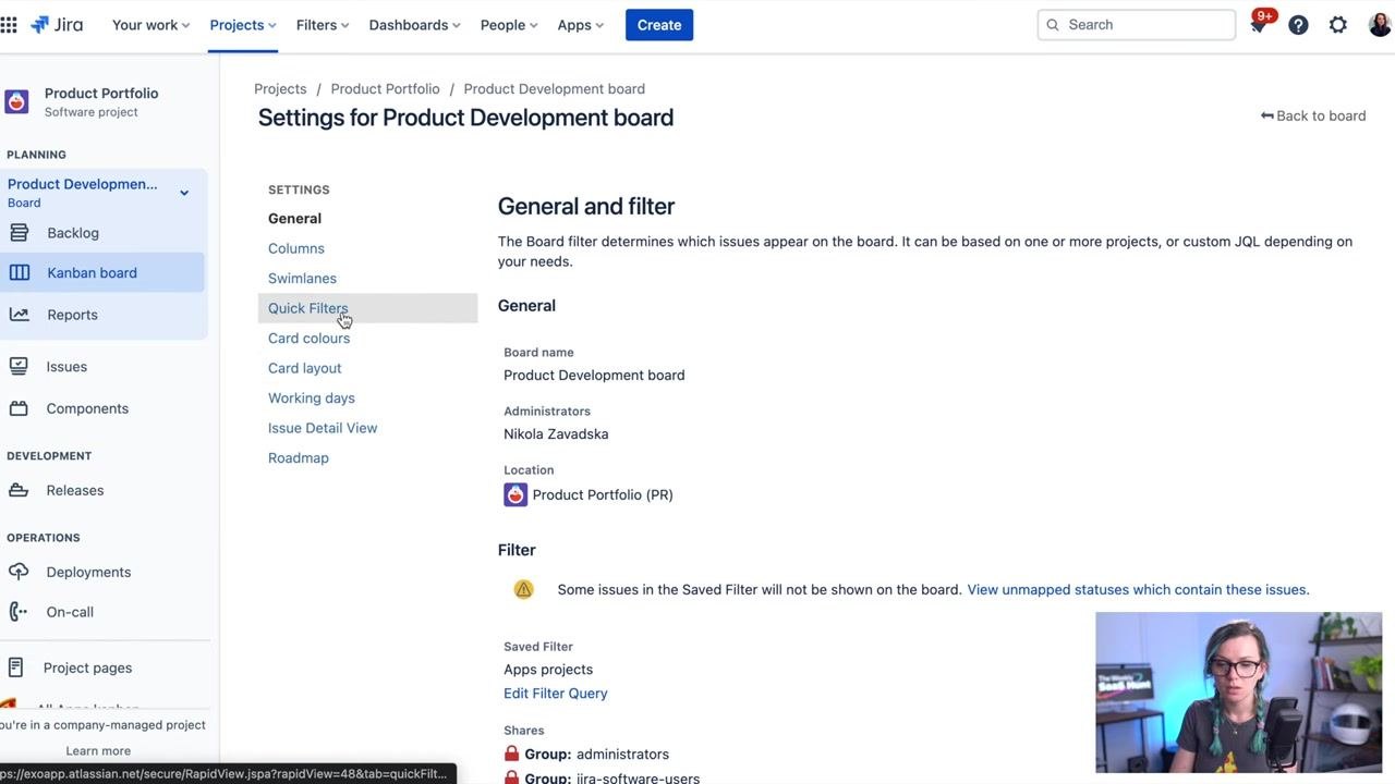 Jira Quick Filters settings screen showing the process of adding a new filter alongside a list of existing filters