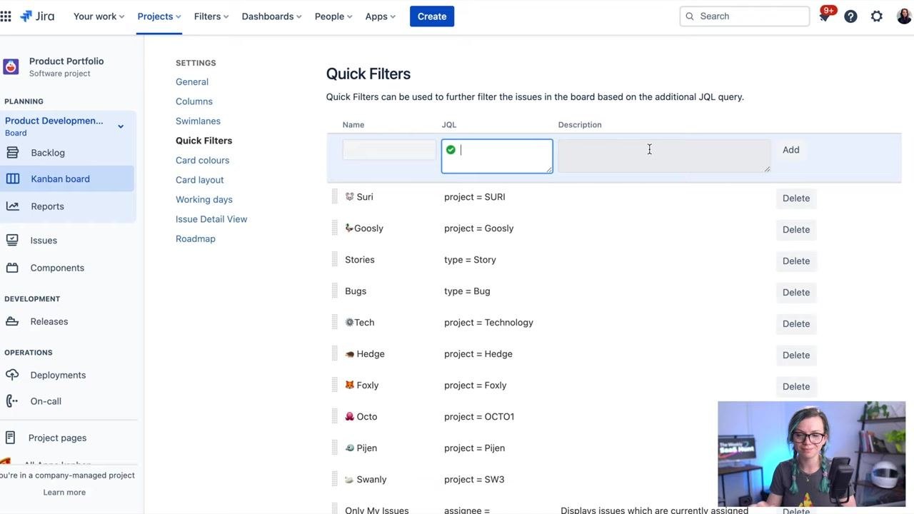 Jira Quick Filters settings screen with the presenter in the corner, indicating the end of the tutorial
