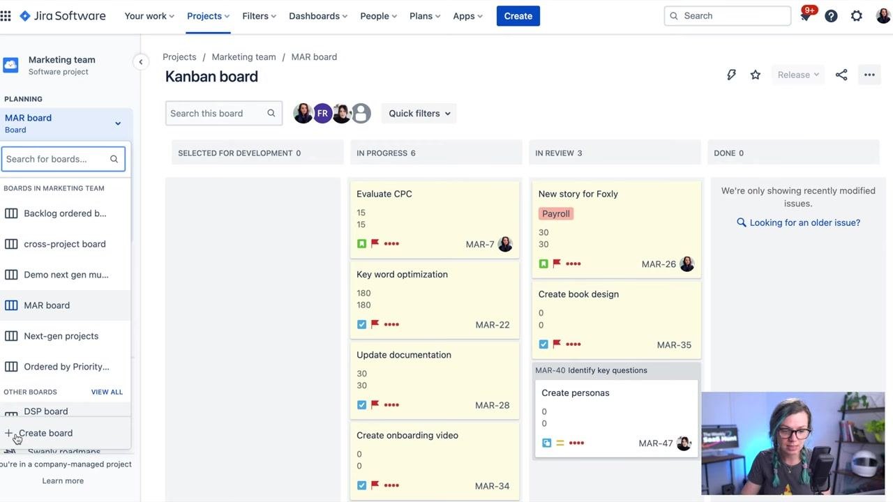 Jira dialog box offering options to create a Scrum board or a Kanban board, with descriptions and buttons for each type