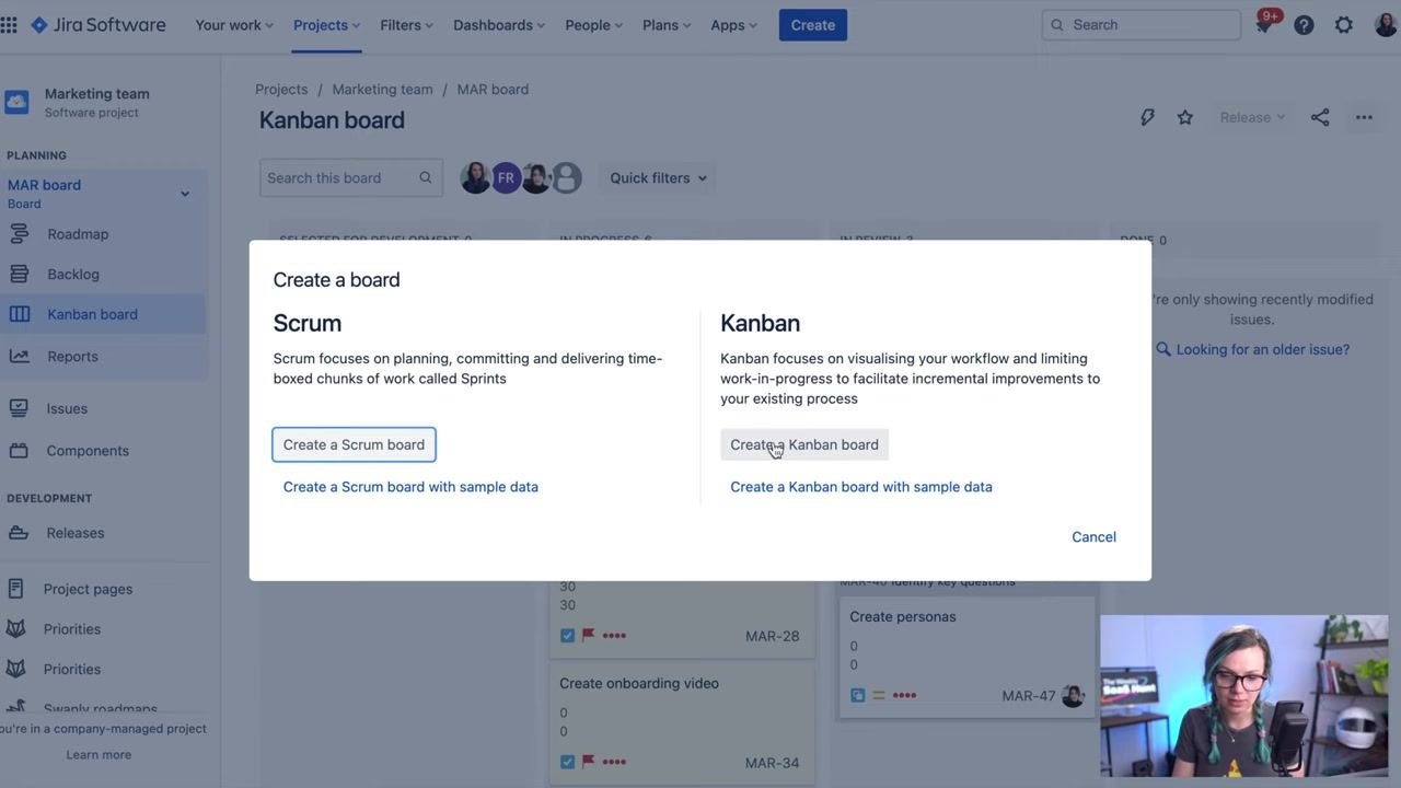 Jira dialog box with the "Create a Kanban board" button selected, ready to proceed to the next step
