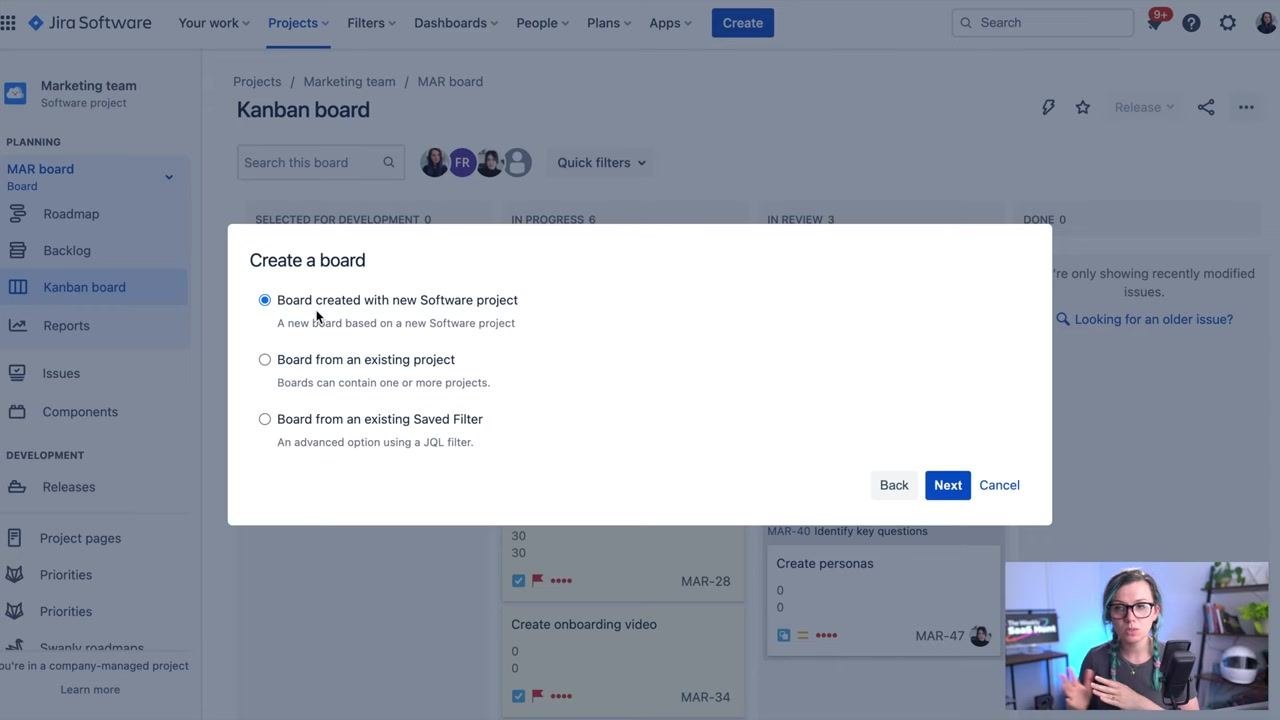 Jira "Create a board" dialog with three options: Board created with new Software project, Board from an existing project, and Board from an existing Saved Filter, with the first option selected