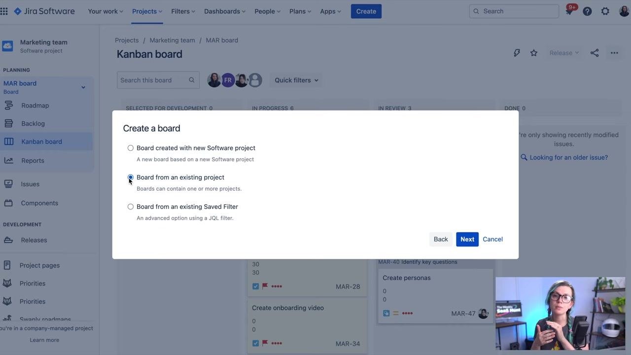 Jira "Create a board" dialog with "Board from an existing project" selected