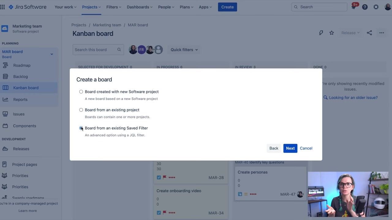 Jira "Create a board" dialog with "Board from an existing Saved Filter" selected