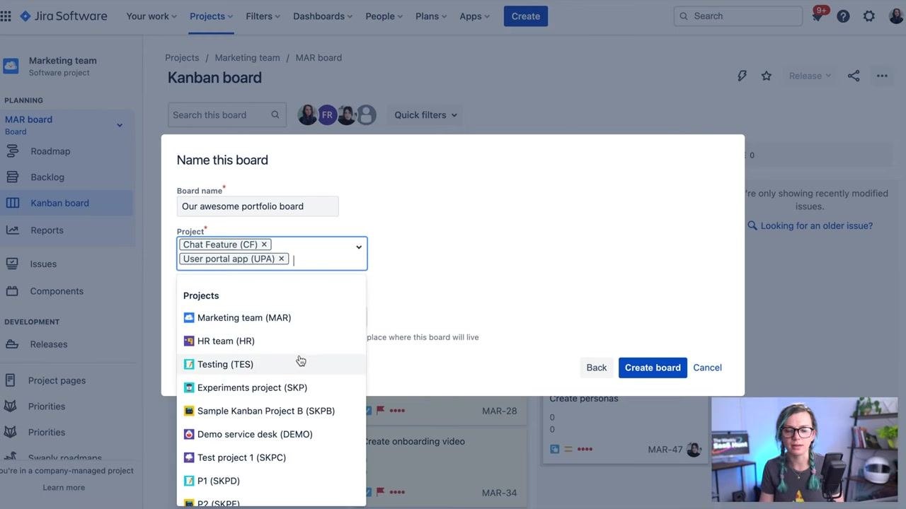 Jira "Create a board" dialog with "Board from an existing project" selected, ready to proceed