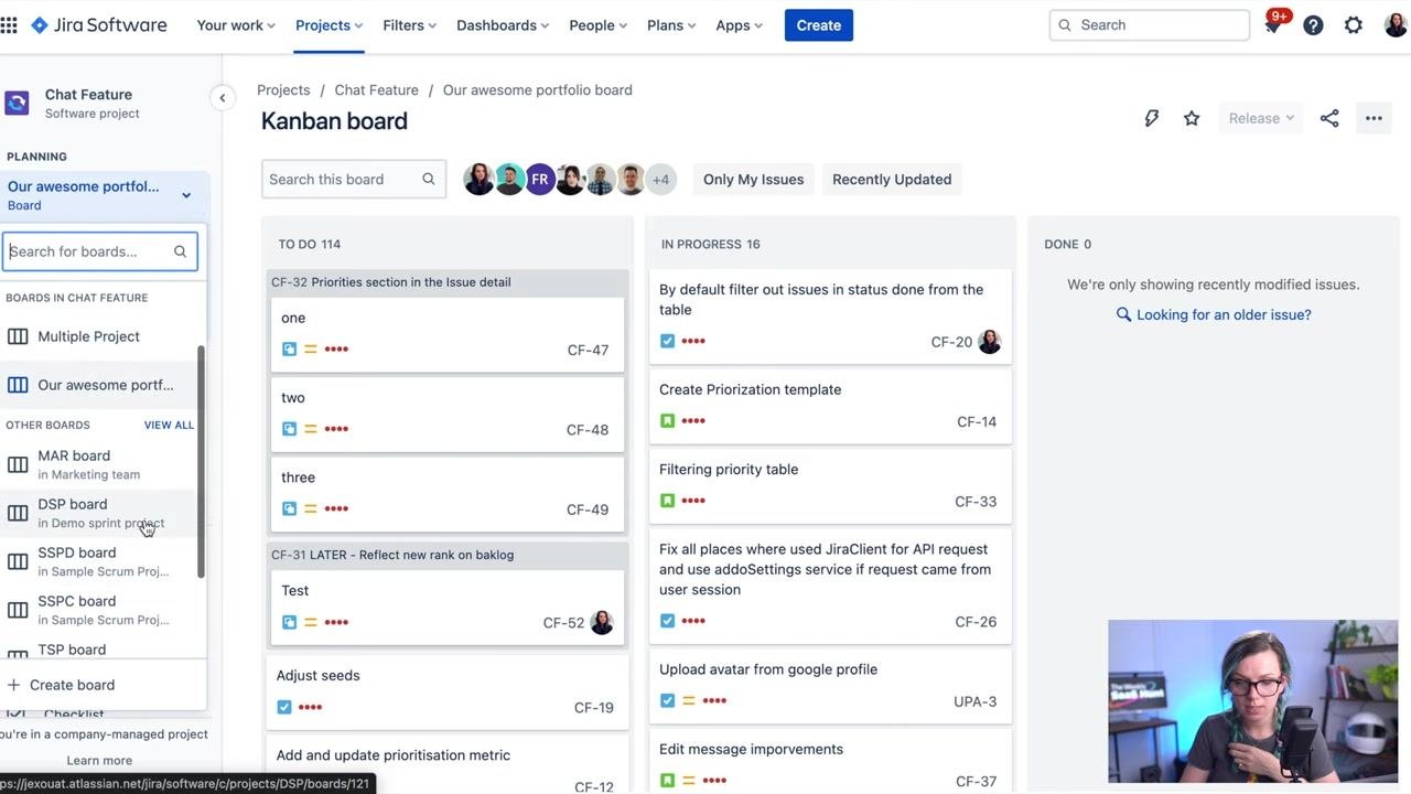 Jira sidebar showing multiple boards, a search bar, and board categories
