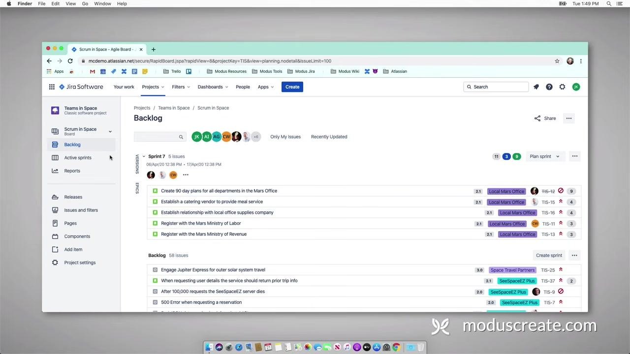 Jira Software Scrum board with backlog and active sprint visible, showing issues, the navigation sidebar, and the top menu